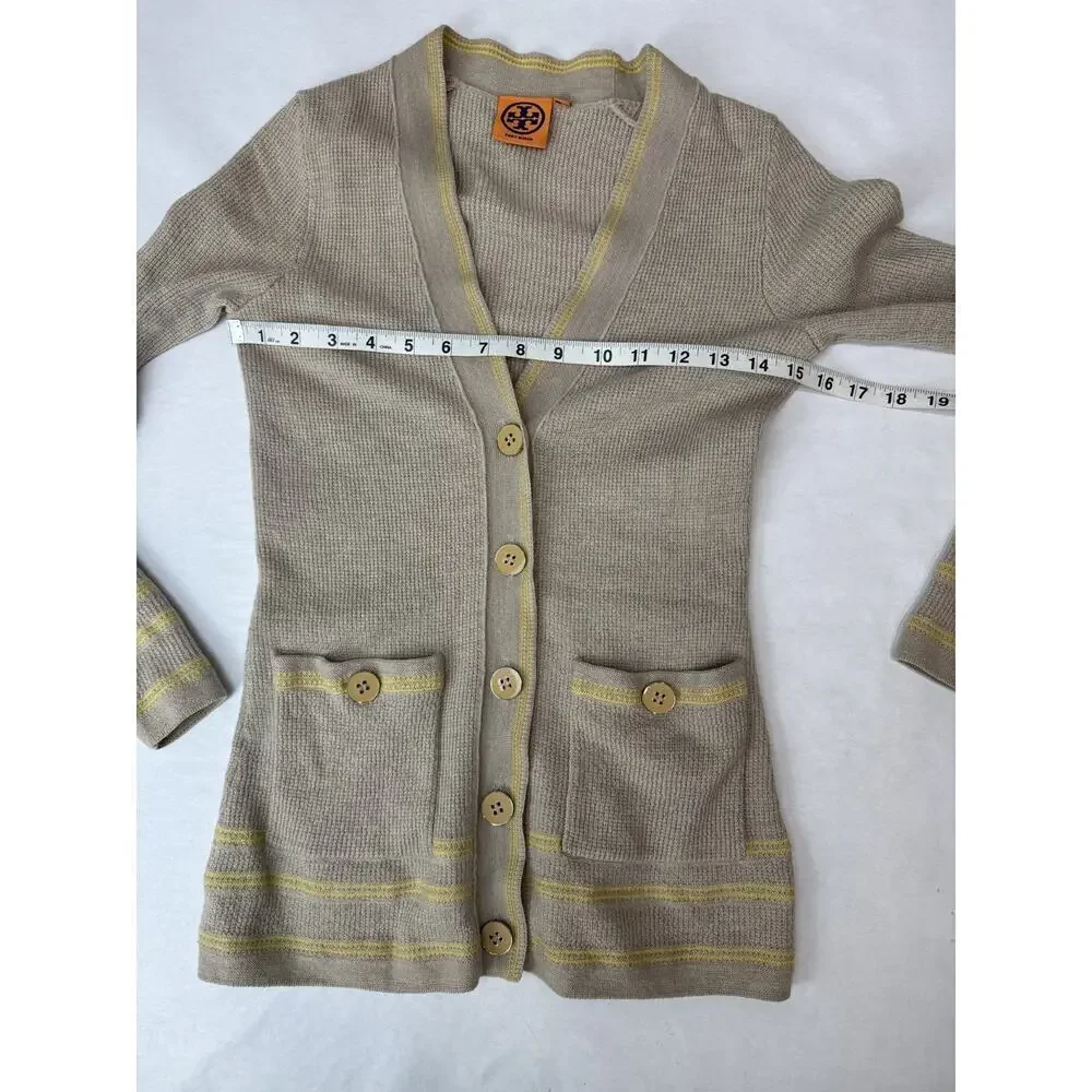 Tory Burch Cardigan Merino Wool Preppy Classic Beige Yellow Gold Button Women XS